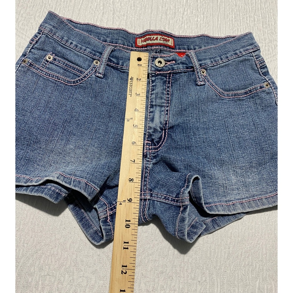 Vanilla Star Jean Shorts Juniors 9 Blue Denim Embroidered Pink Stitching Pockets - Picture 5 of 8